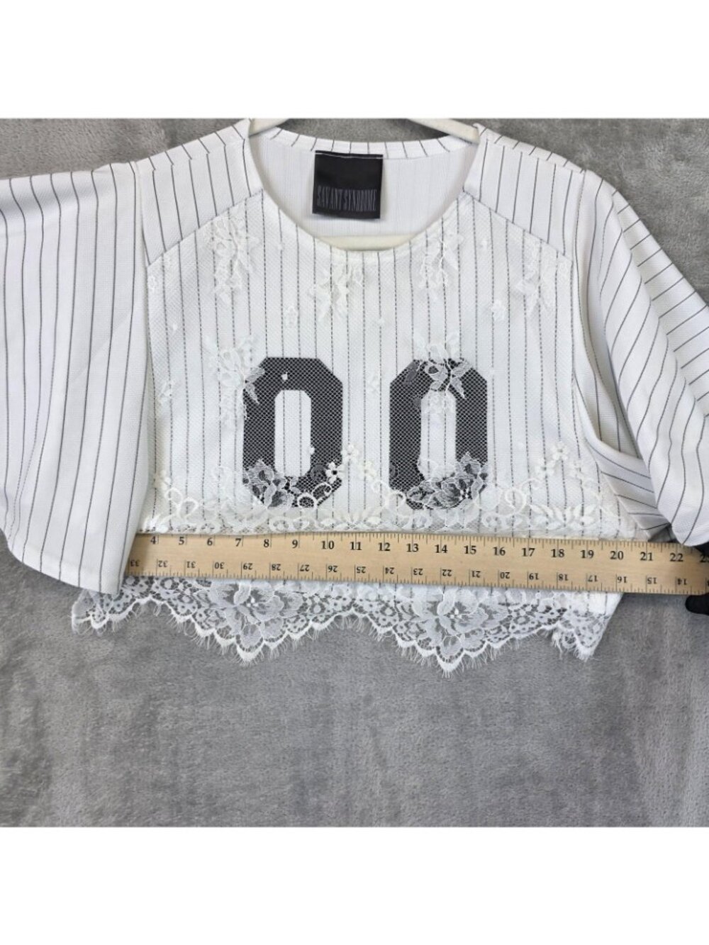 Savant Syndrome T-Shirt Womens L White Stripe Lace 00 Kimono Sleeve Cropped - Picture 7 of 7